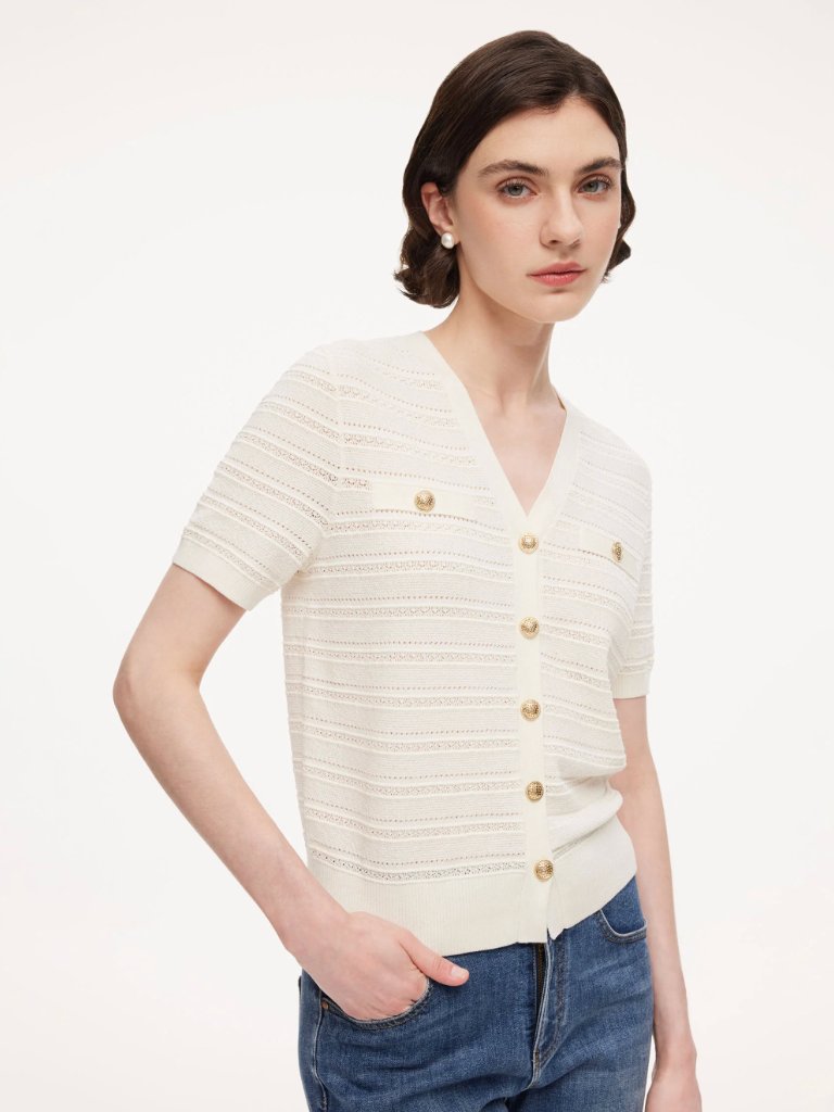 Tencel Blend Pointelle Women V-Neck Cardigan